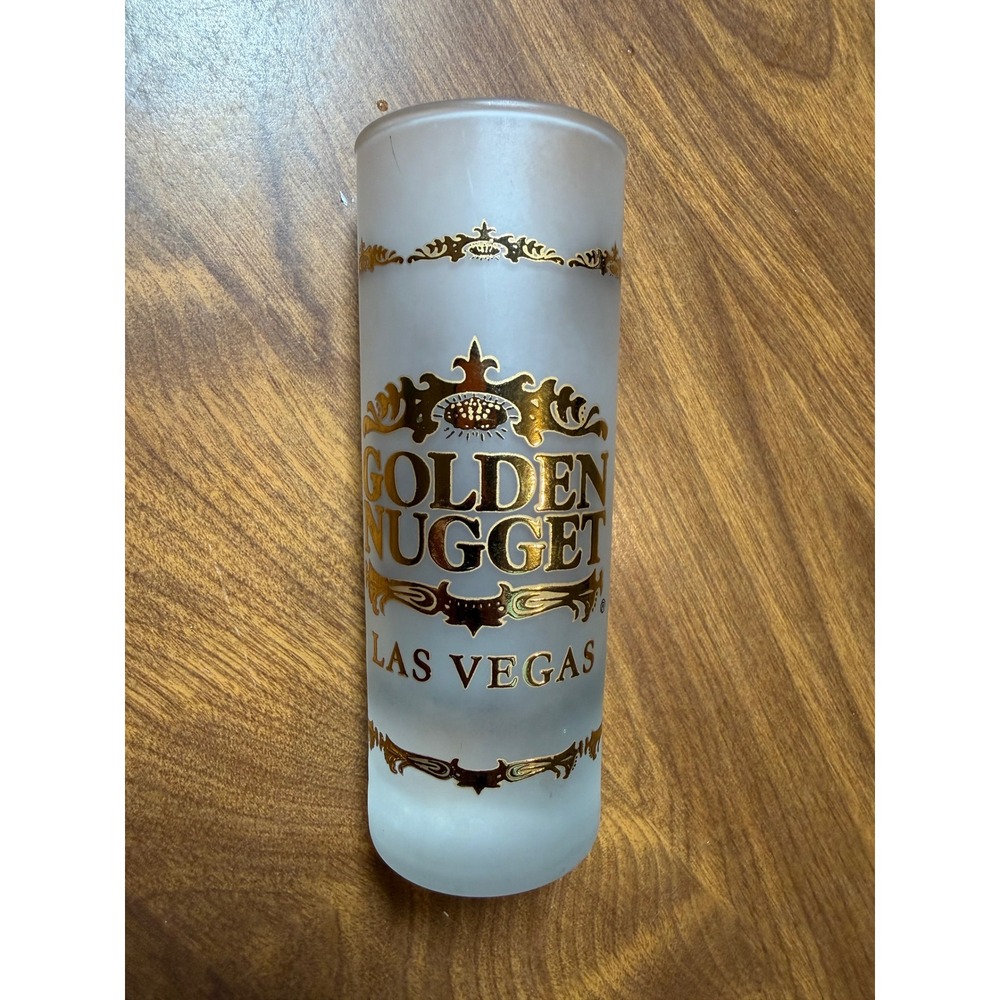 Golden Nugget Las Vegas Frosted Tall Shot Glass Gold Logo Souvenir Barware